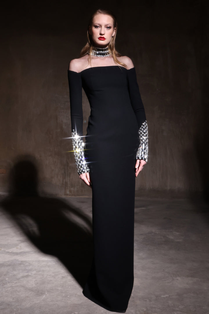 Crepe Long-Sleeved Fitted Dress with Embroidery
