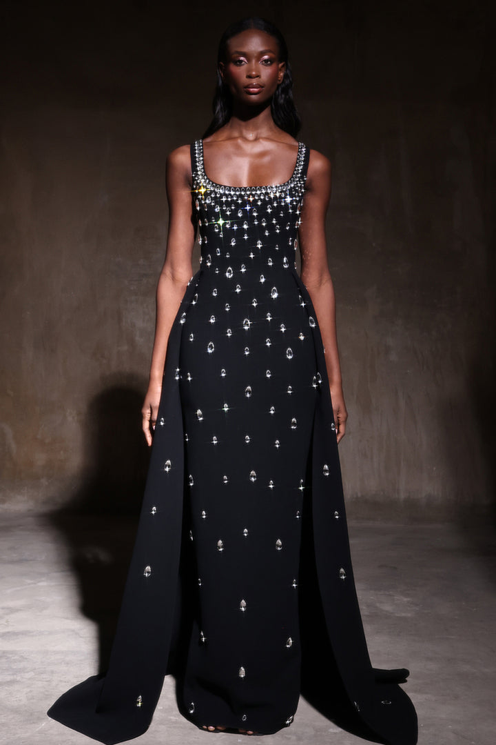 Crepe Dress with Overskirt and Crystal Embroidery