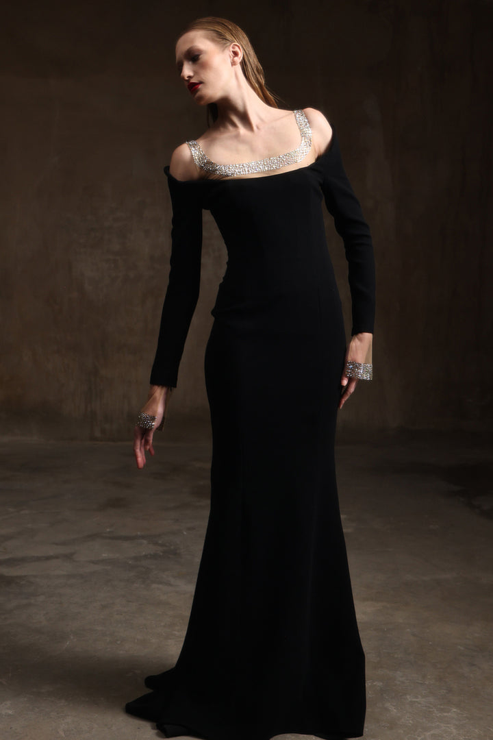 Crepe Long-Sleeved Mermaid Dress with Embroidery