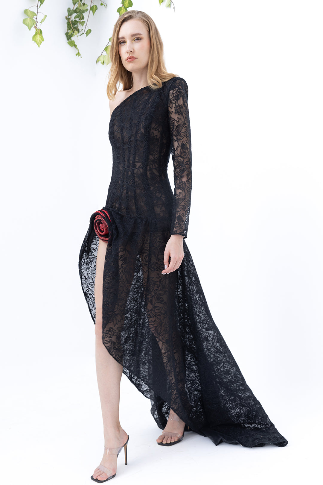 Lace Asymmetric Corset Dress with Crystal Chainmail Black / US 18