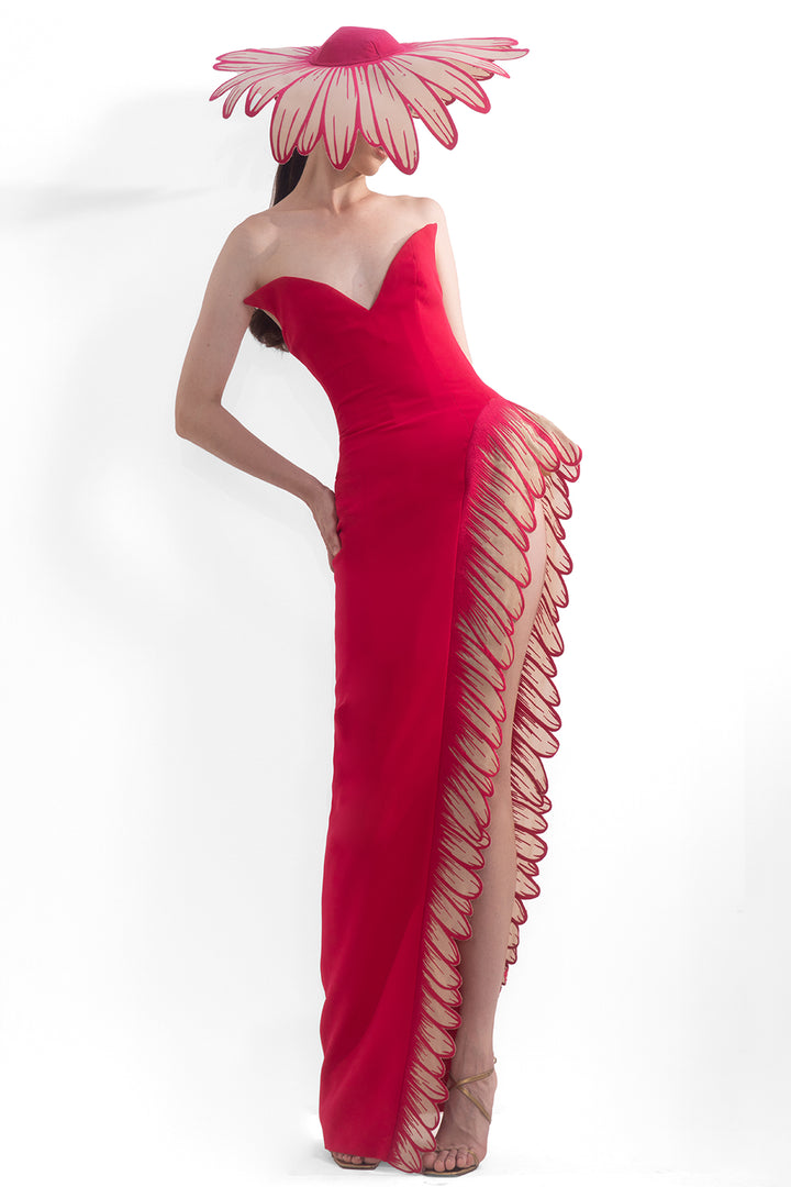 Crepe Strapless Dress with Thread Embroidery