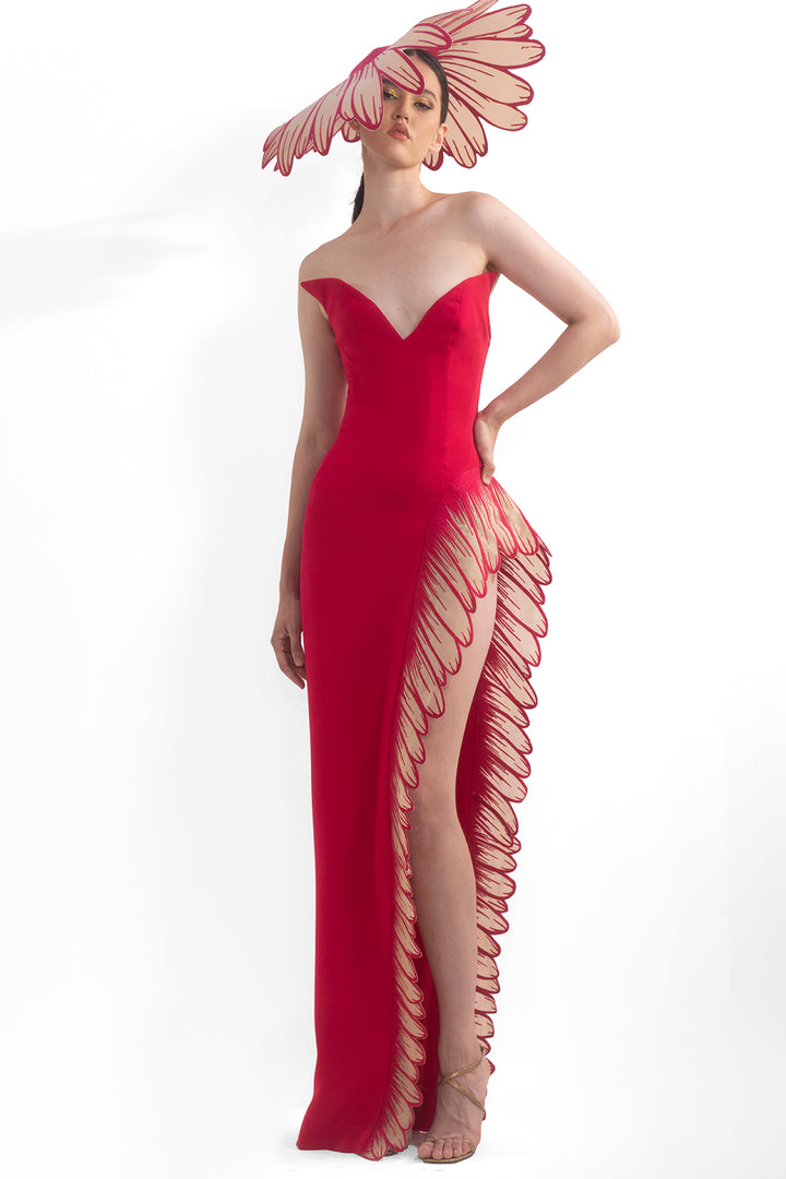 Crepe Strapless Dress with Thread Embroidery