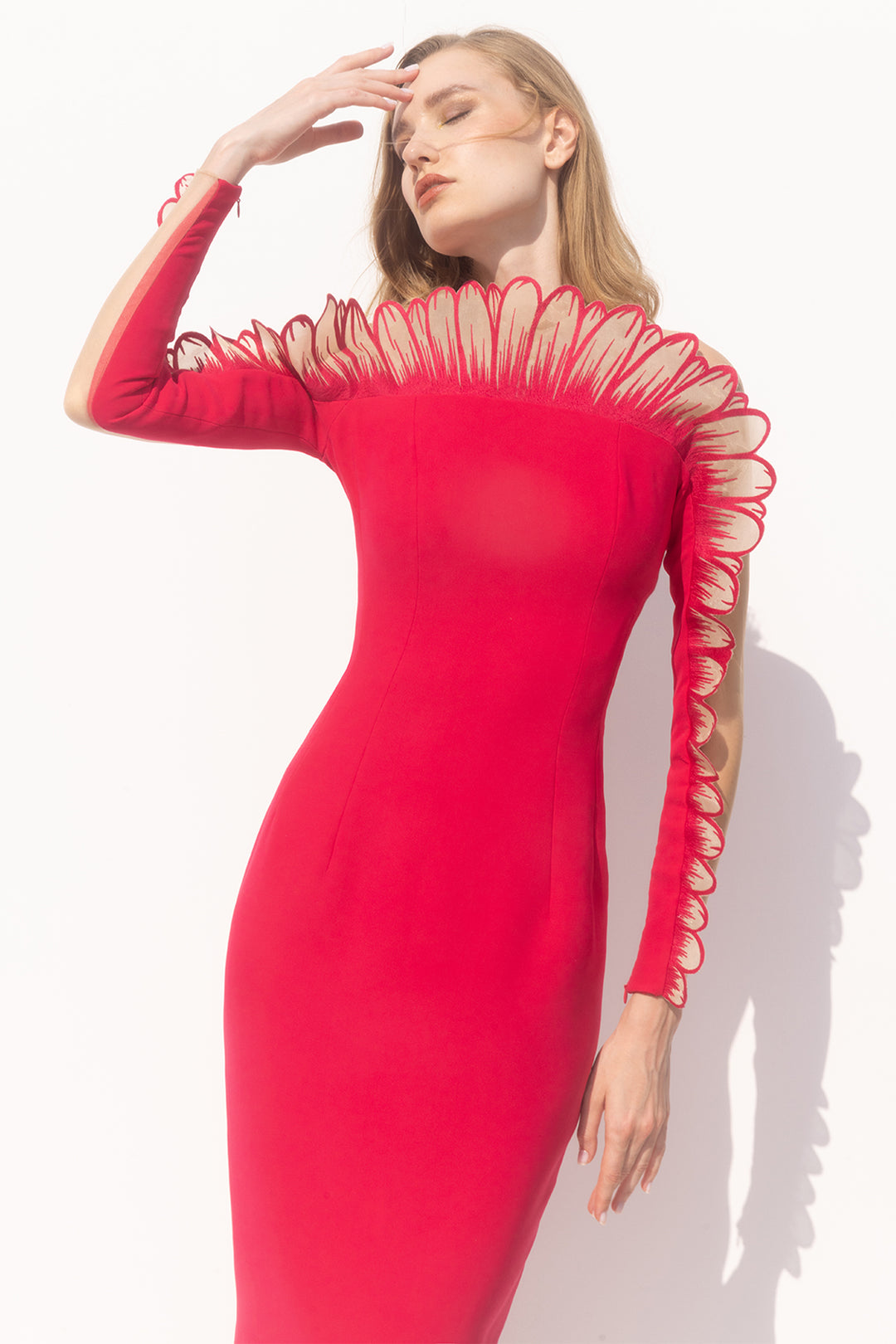Crepe Long-Sleeved Dress with Daisy Petals