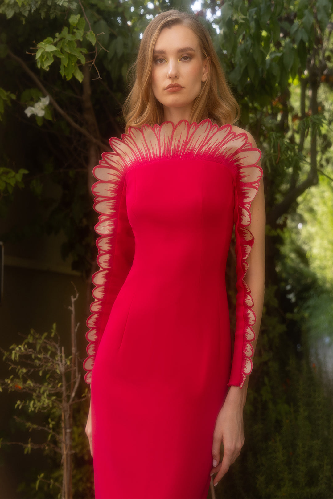 Crepe Long-Sleeved Dress with Daisy Petals