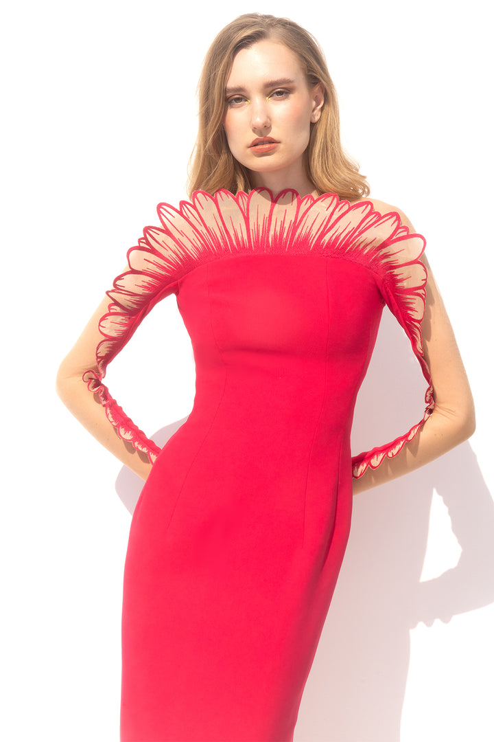 Crepe Long-Sleeved Dress with Daisy Petals