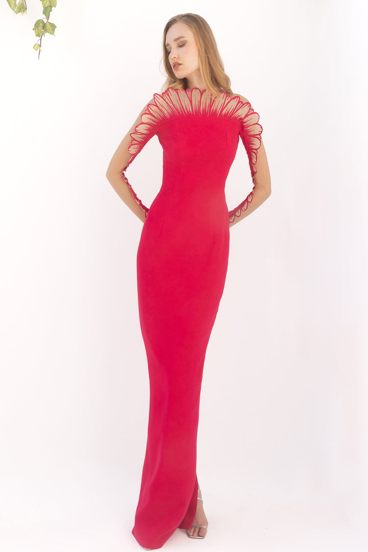 Crepe Long-Sleeved Dress with Daisy Petals