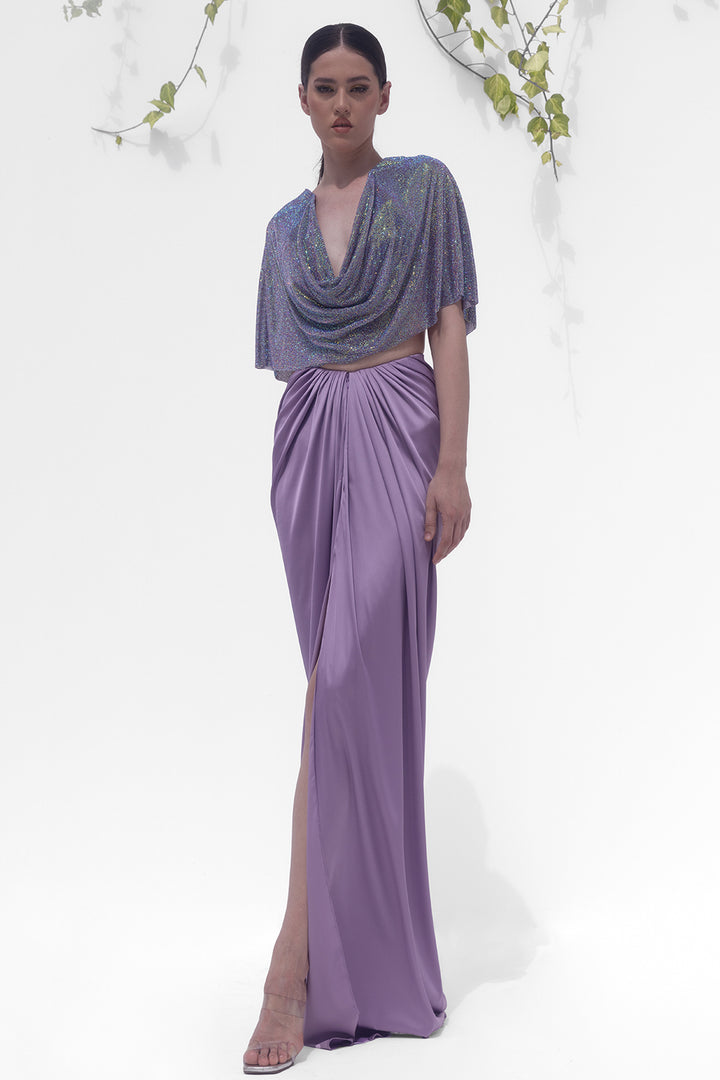 Crystal Chainmail Draped Top with Silk Satin Skirt