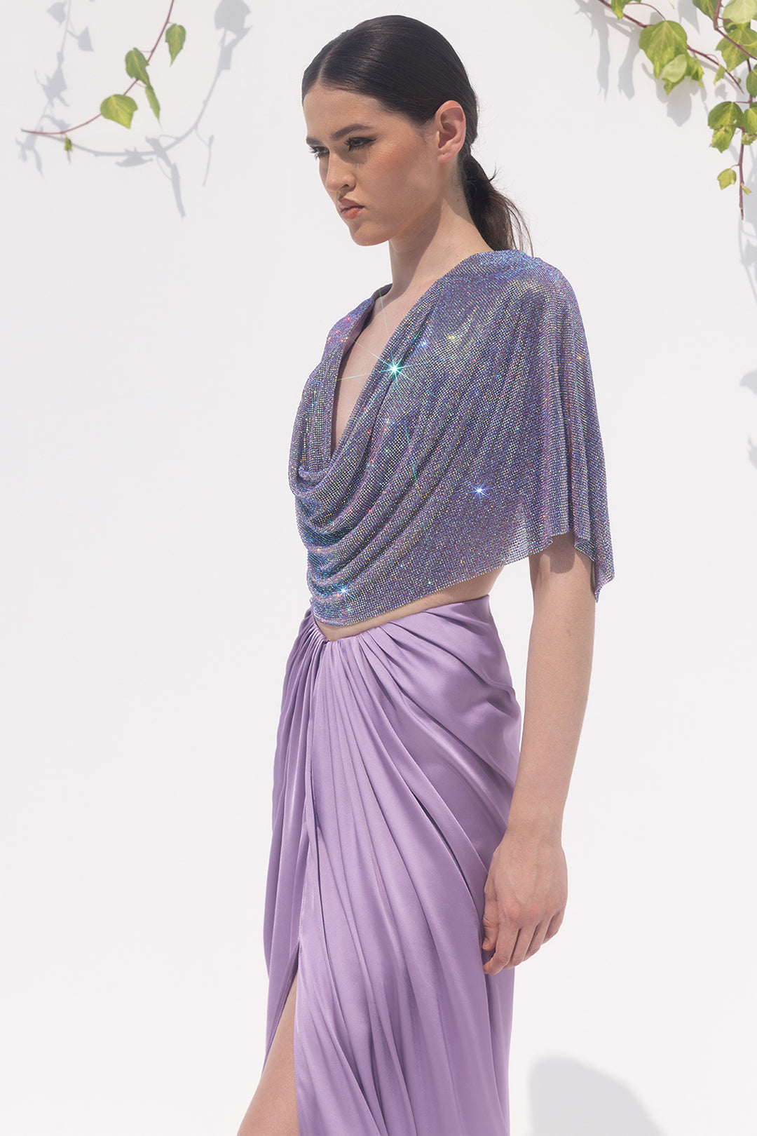 Crystal Chainmail Draped Top with Silk Satin Skirt