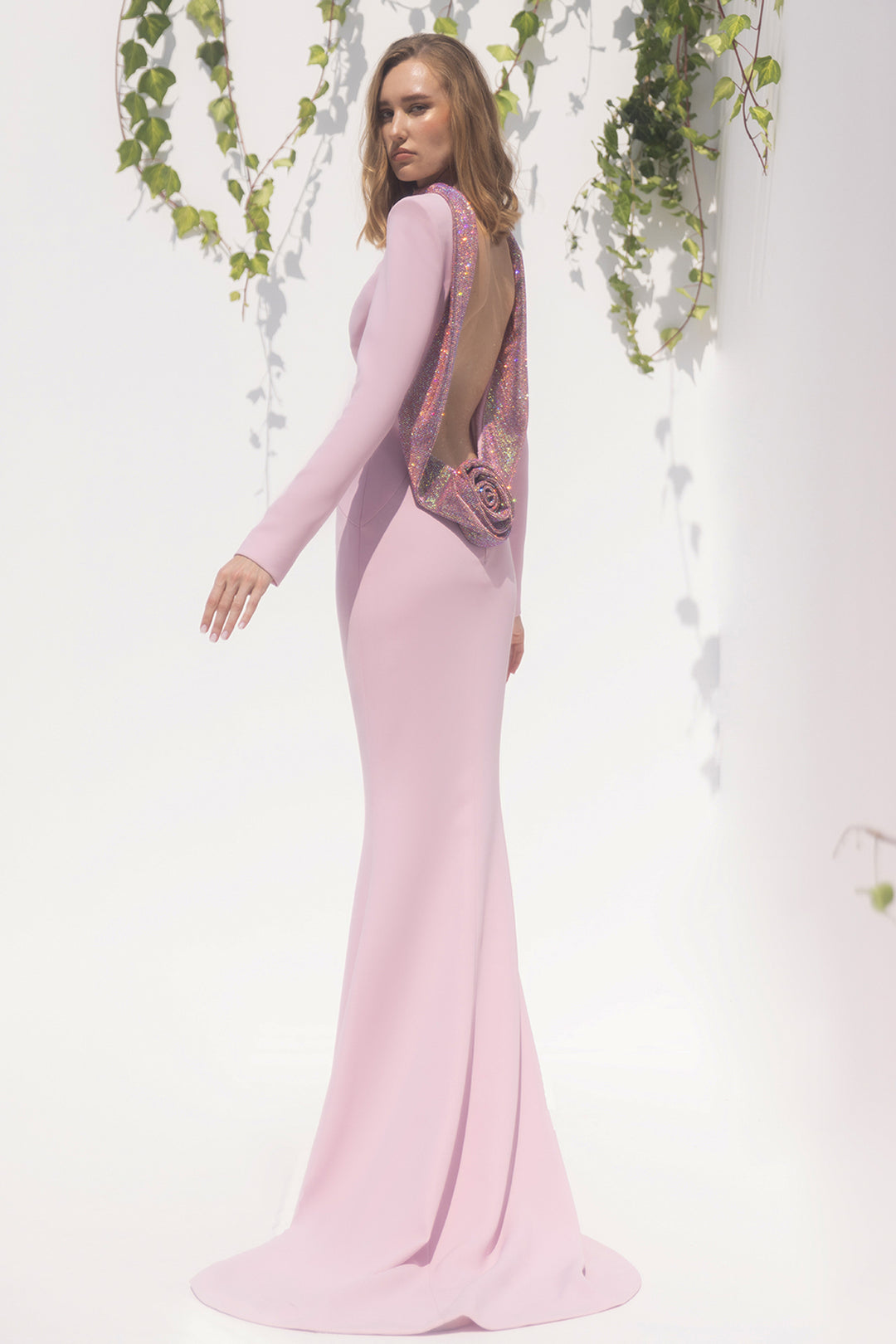 Crepe Long-Sleeved Mermaid Dress with Crystal Chainmail