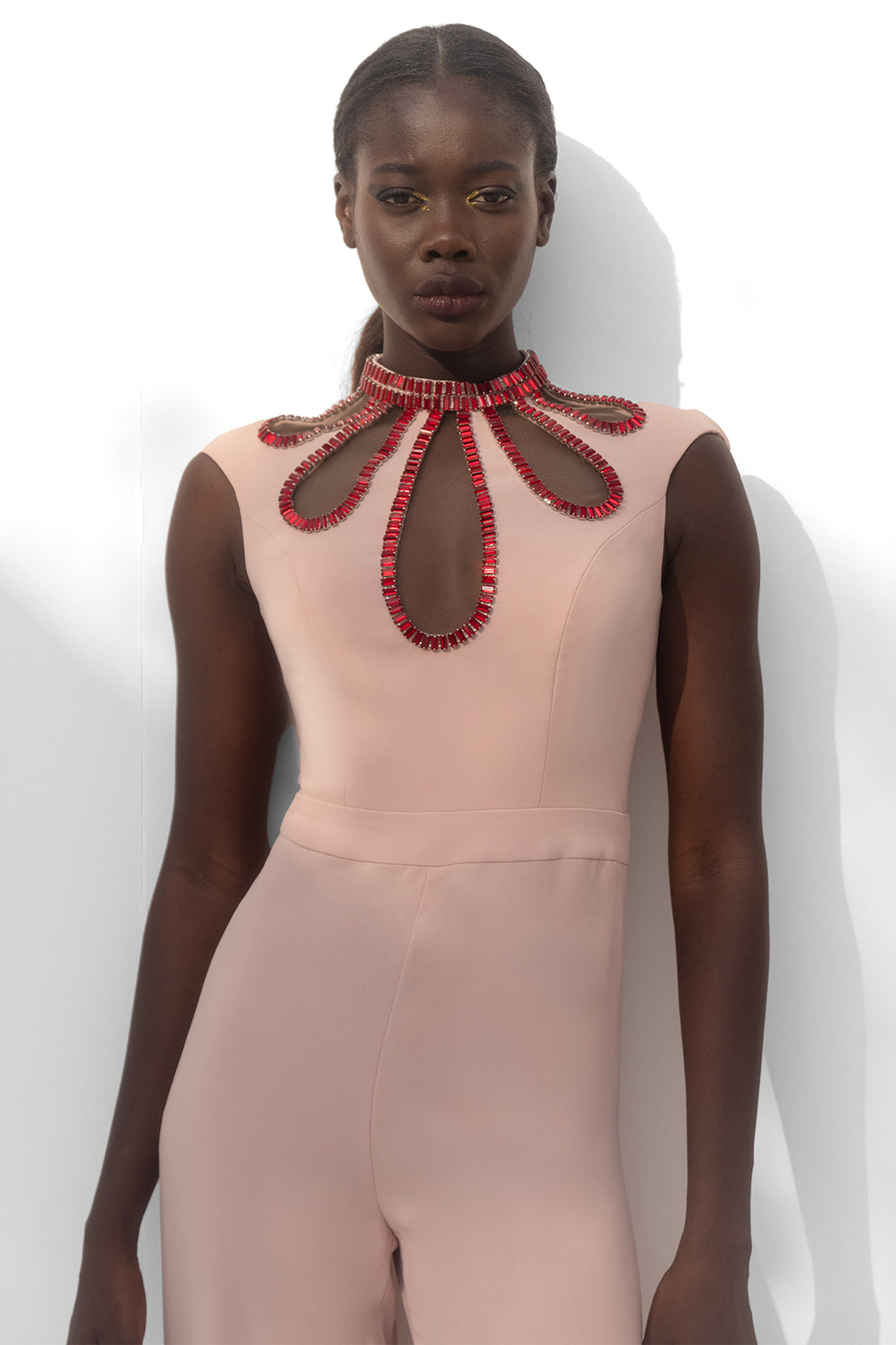 Crepe Straight-Cut Jumpsuit with Crystal Details