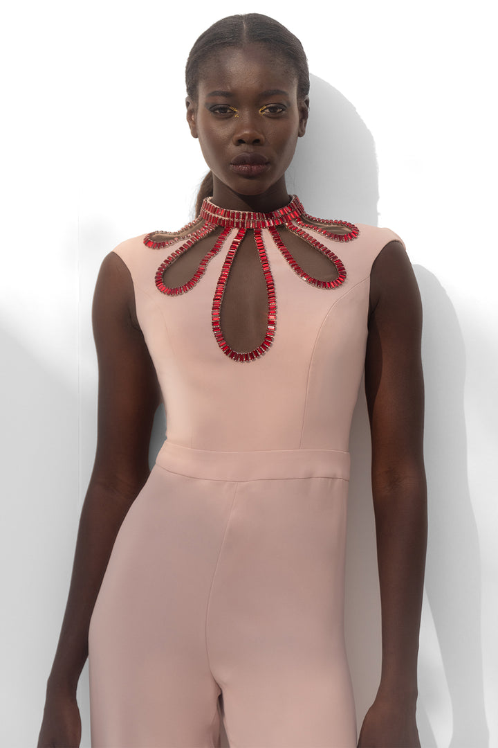 Crepe Straight-Cut Jumpsuit with Crystal Details