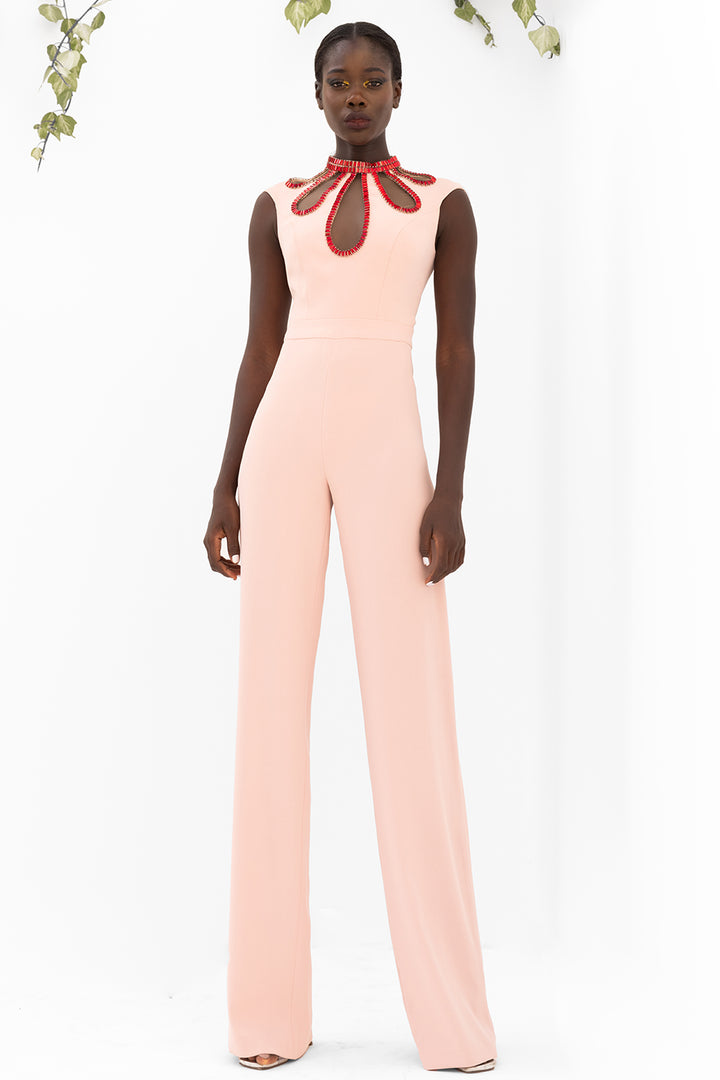 Crepe Straight-Cut Jumpsuit with Crystal Details
