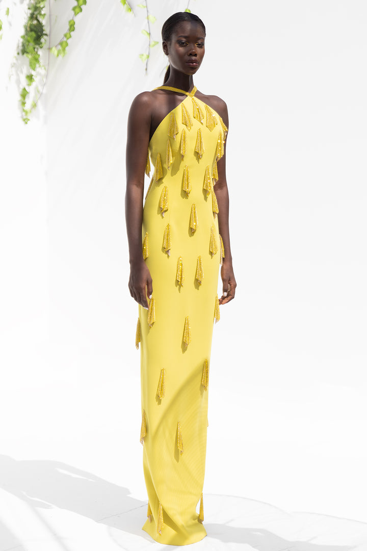 Crepe Halter Neck Fitted Dress with Crystal Chainmail