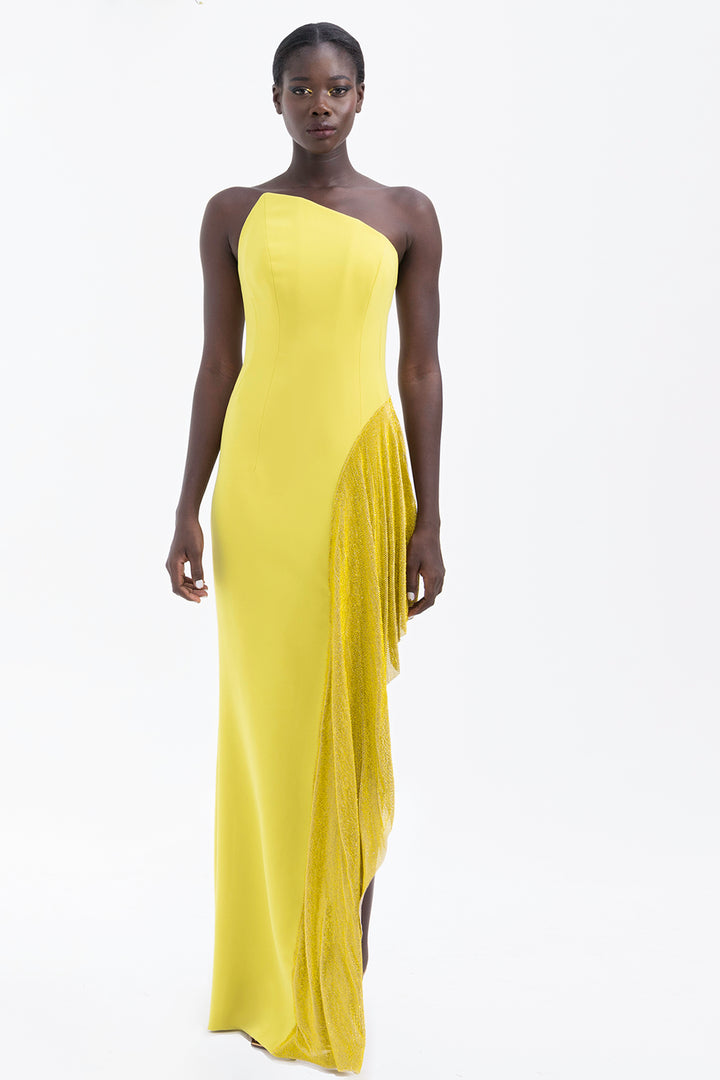 Crepe Strapless Fitted Dress with Rhinestone Chainmail