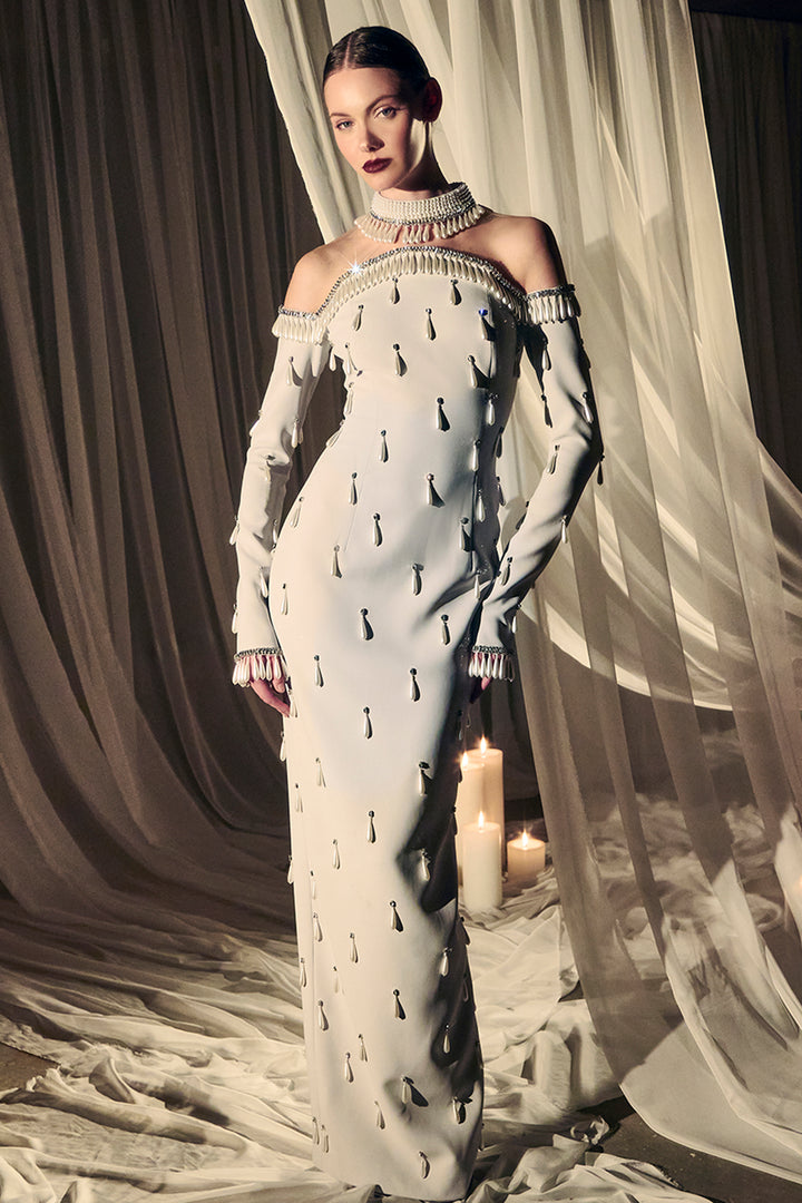 Crepe Column Dress Off-The-Shoulder Neckline