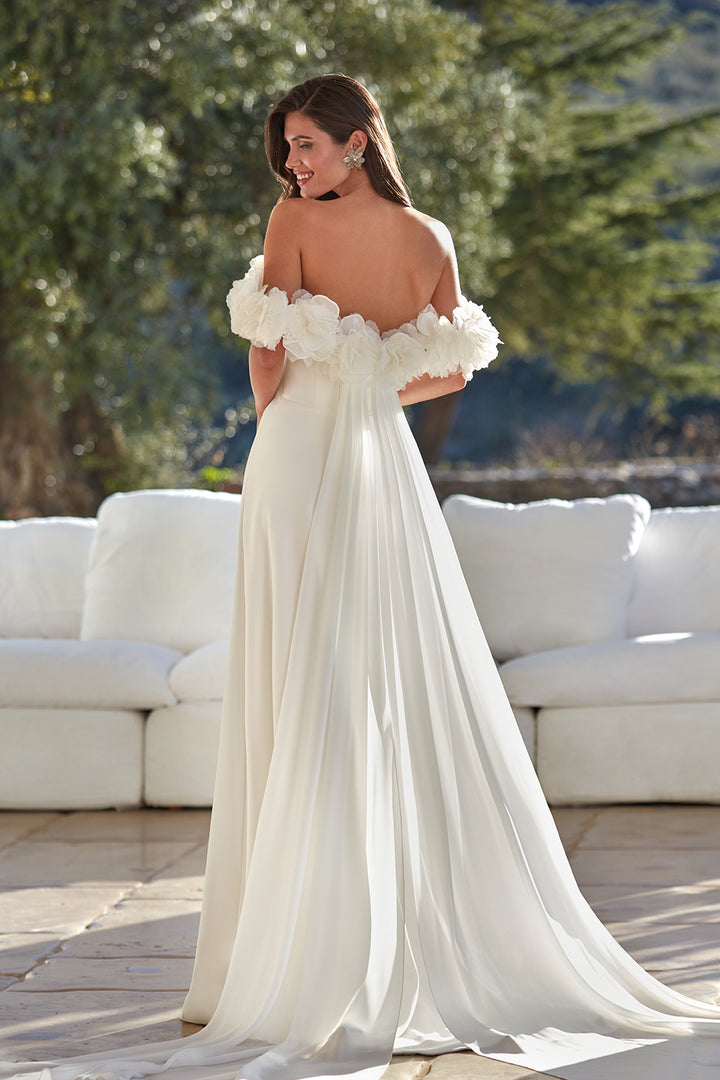 A-line Long Dress with Crepe Bodice and 3D Flowers