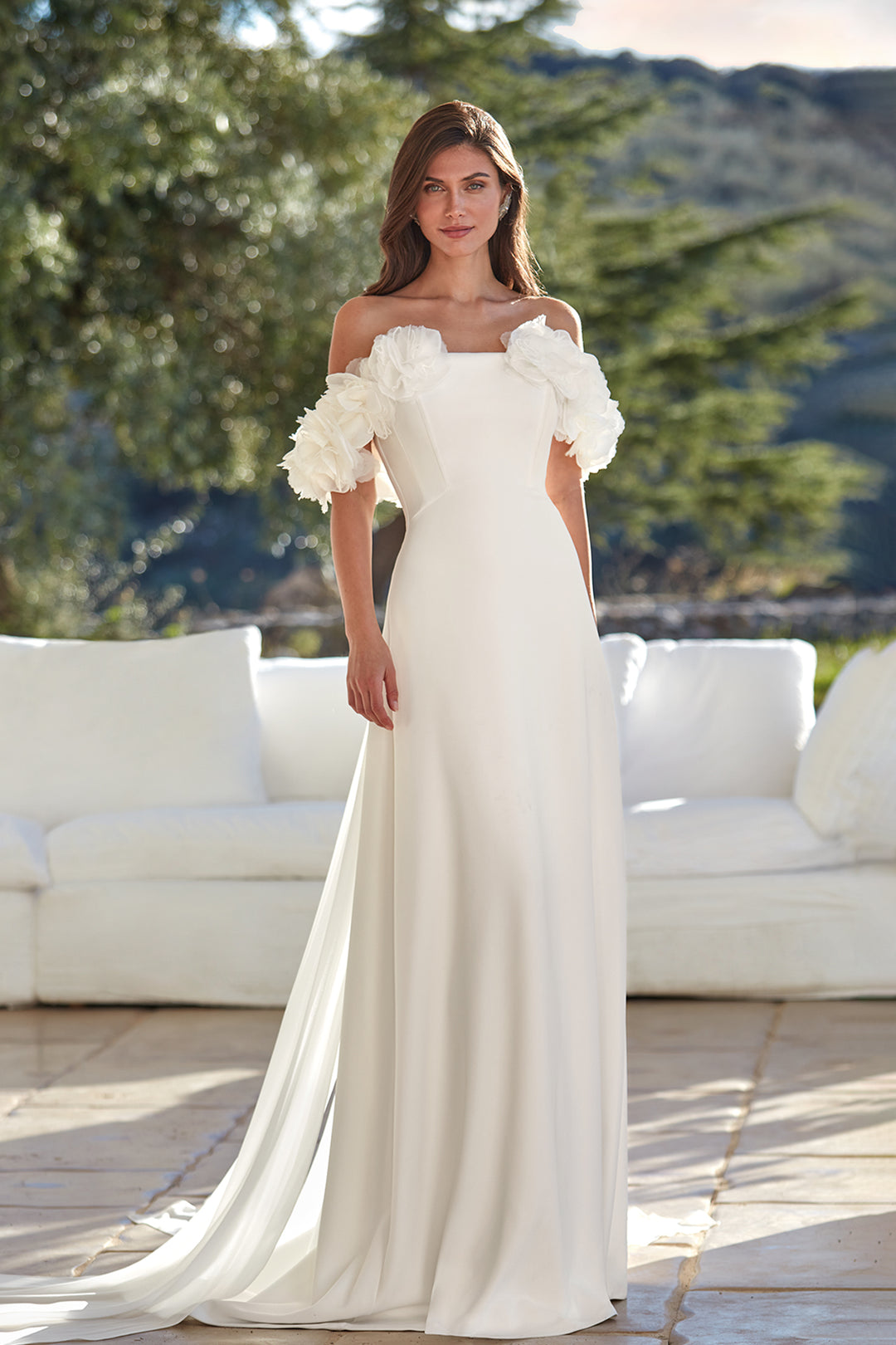 crepe a line dress Crepe A-line Dress with Organza Sleeves and Train White / FR 52