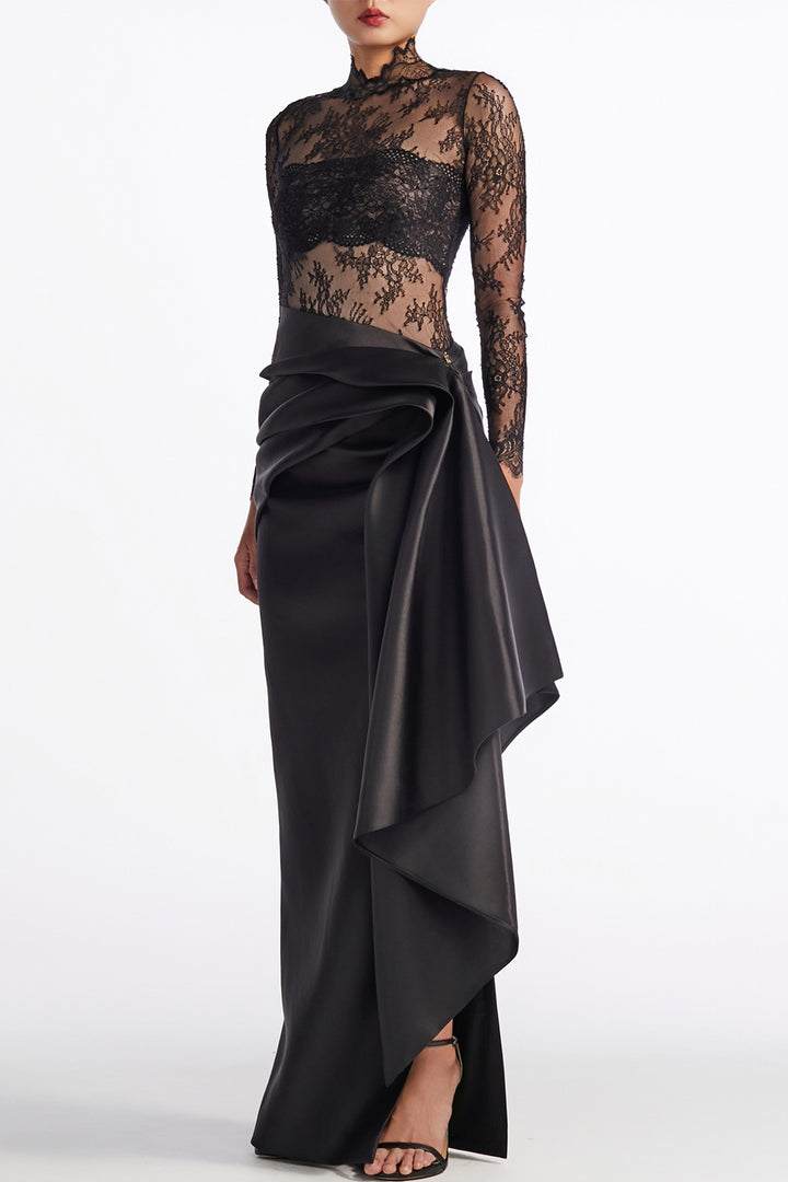 Lace Illusion with High-Collar Long Dress