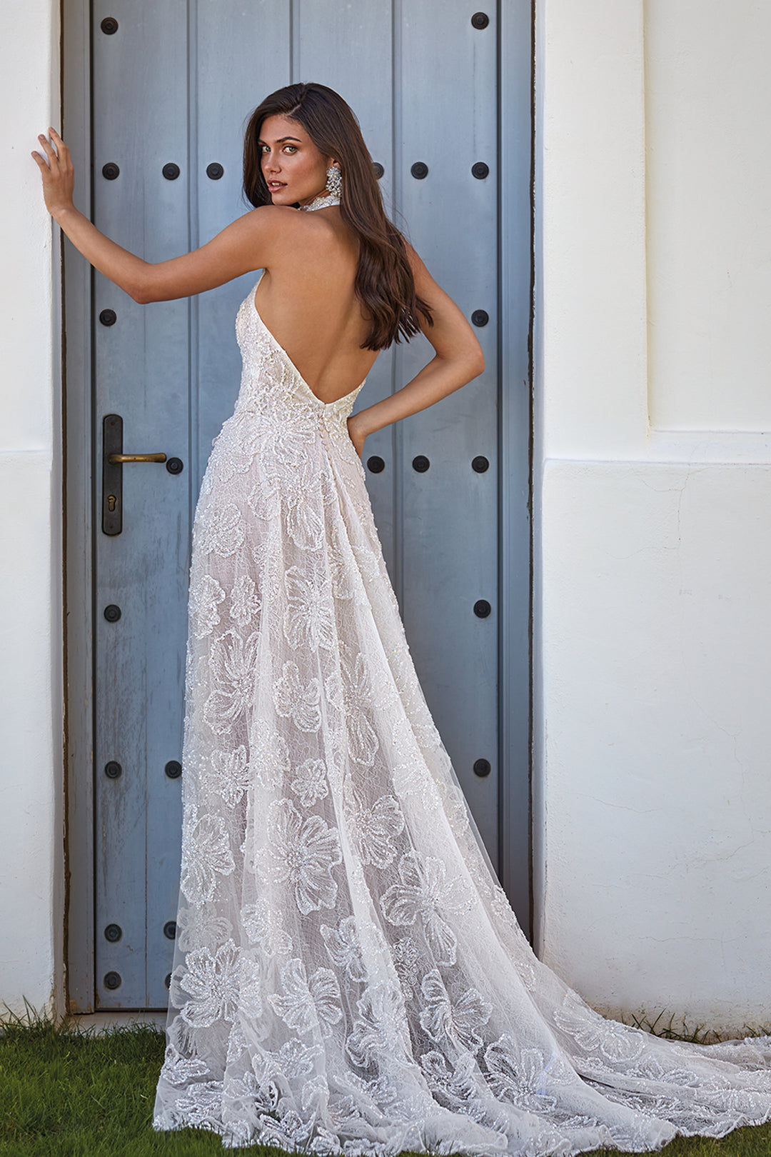 Lace Long Dress and Crystal Tulle with Feathers