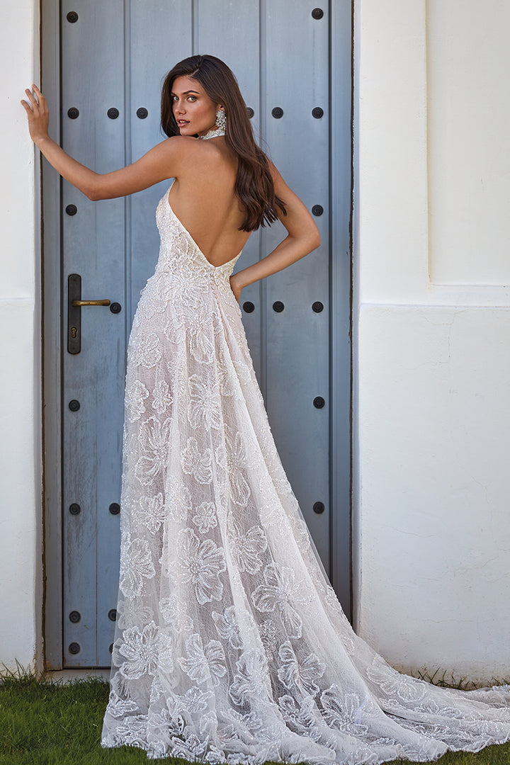 Lace Long Dress and Crystal Tulle with Feathers