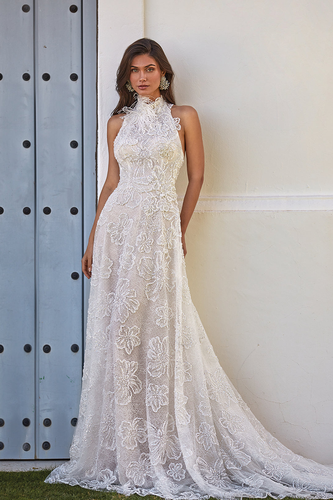Lace Long Dress and Crystal Tulle with Feathers M.R DESIGN Lace Long Dress and Crystal Tulle with Feathers M.R DESIGN
