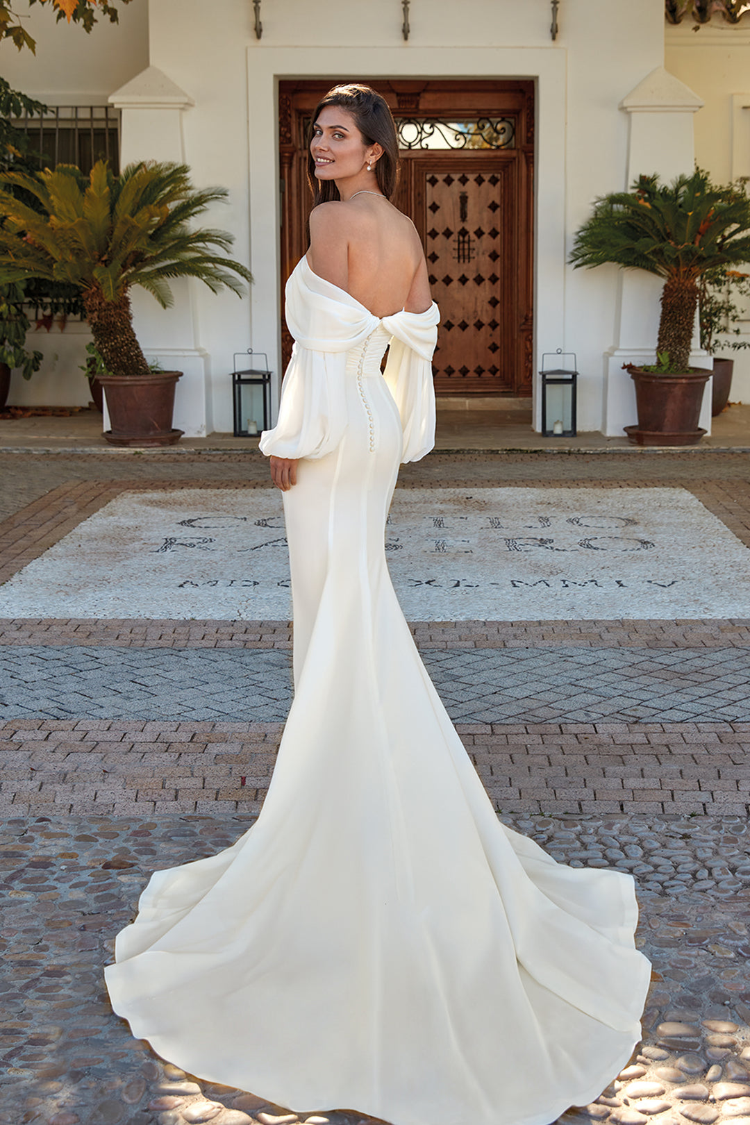 Crepe and Georgette Dress with Detachable Sleeves