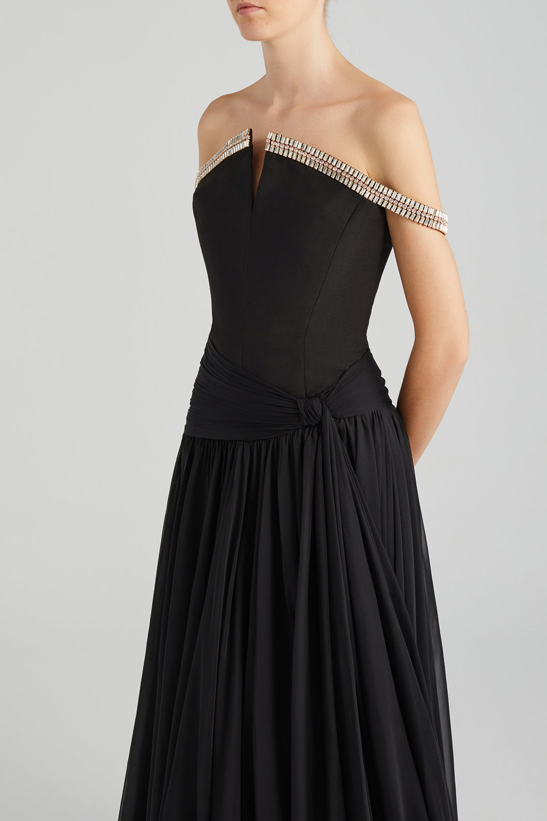 V-Neckline Off-The-Shoulder Dress with Crystals