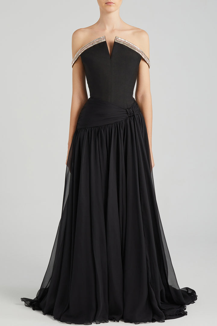 V-Neckline Off-The-Shoulder Dress with Crystals