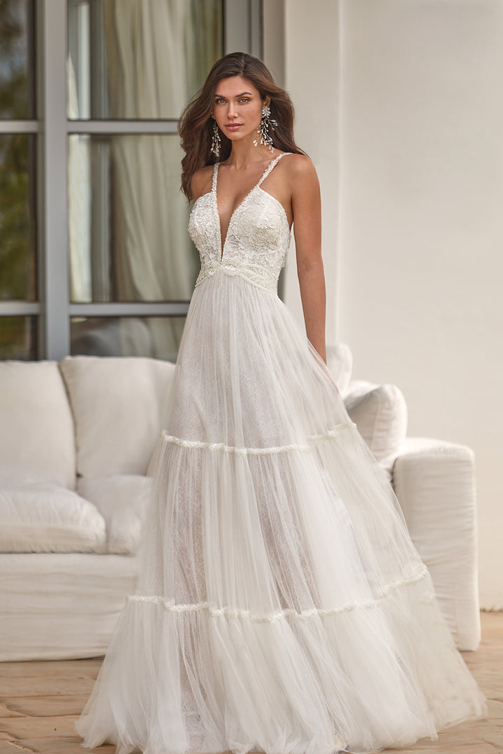 Boho A-line Dress with Lace Tulle and Crystals