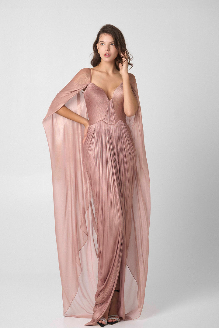 Lace-Embellished Full-Length Dress with Sheer Cape