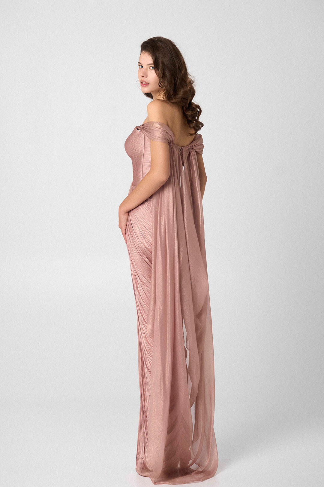 Lace-Embellished Full-Length Dress with Sheer Cape