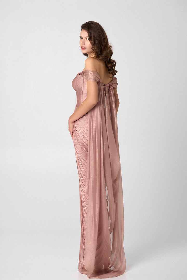 Lace-Embellished Full-Length Dress with Sheer Cape