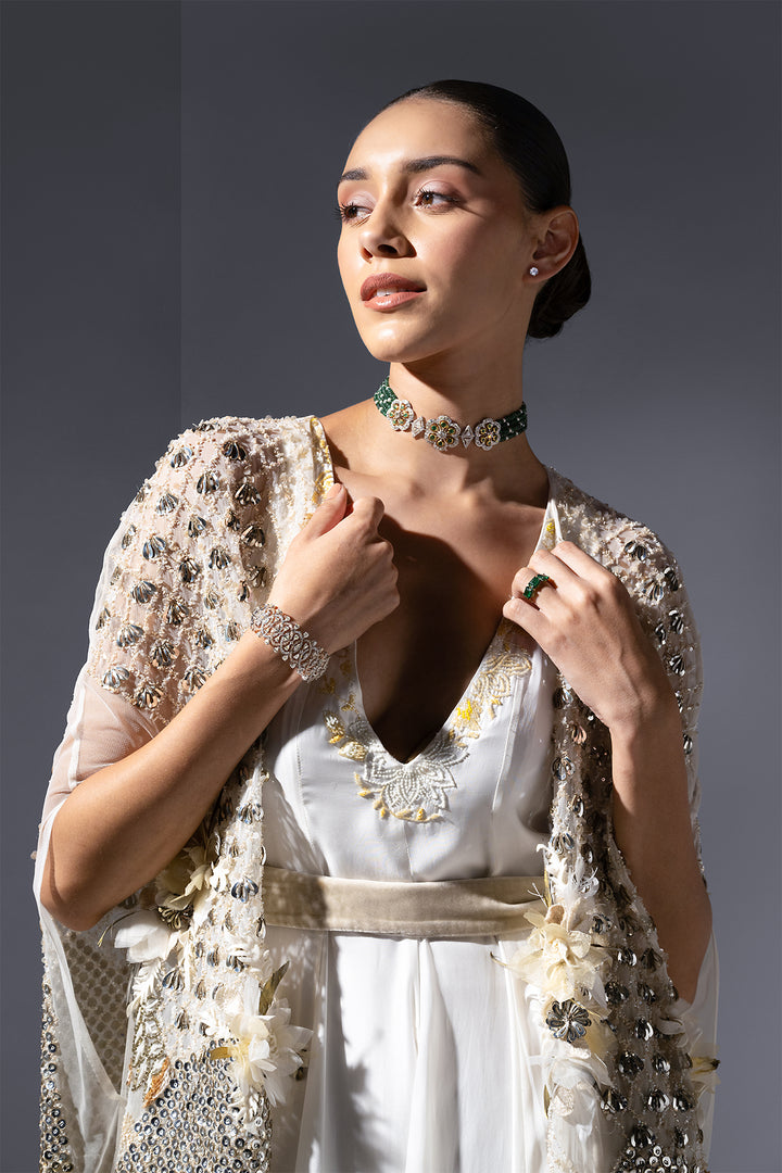 Crepe Dress with Embroidered Neckline