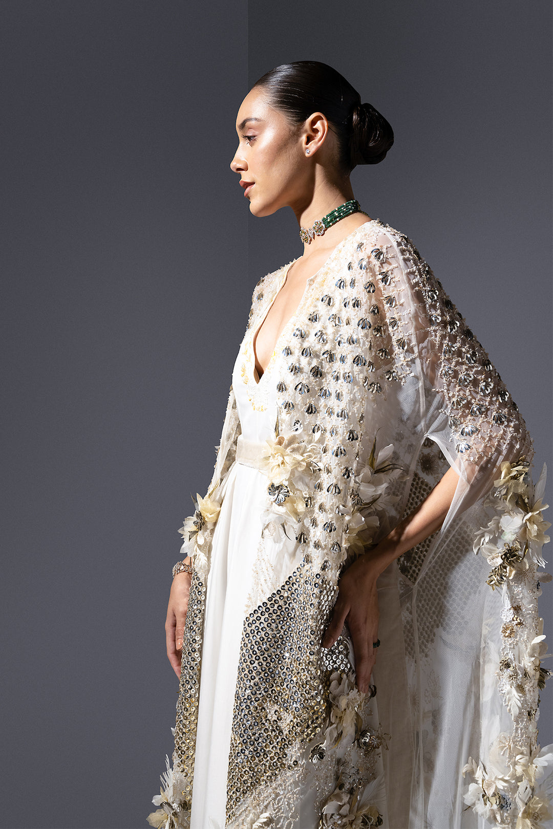 Crepe Dress with Embroidered Neckline