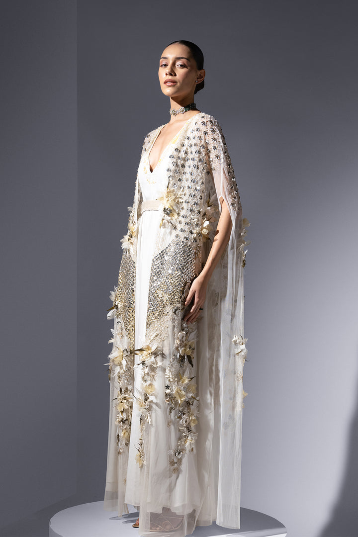 Crepe Dress with Embroidered Neckline