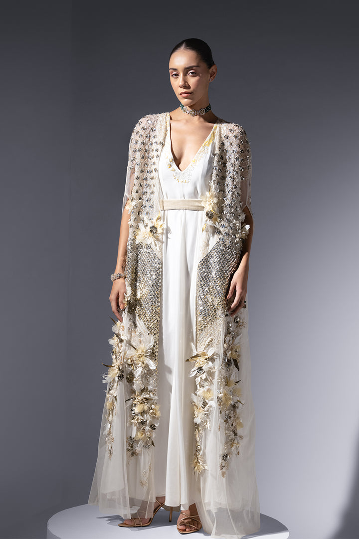 Crepe Dress with Embroidered Neckline