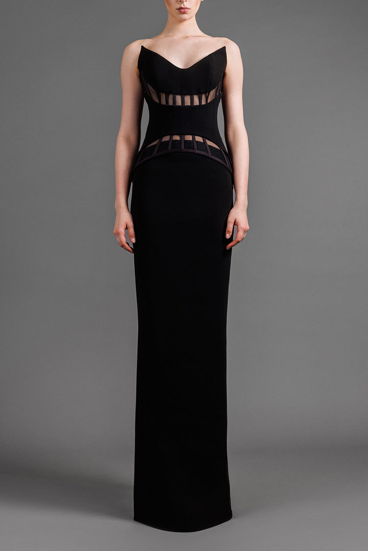 Strapless Crepe Long Dress With Sheer Tulle Corset