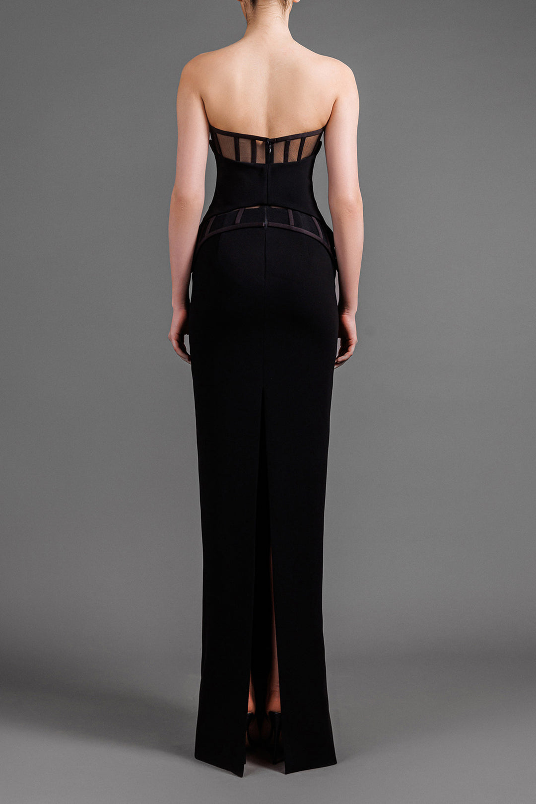 Strapless Crepe Long Dress With Sheer Tulle Corset