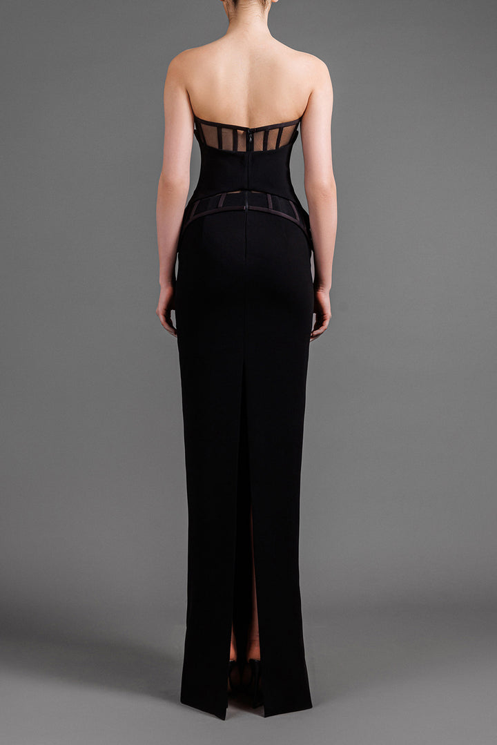 Strapless Crepe Long Dress With Sheer Tulle Corset