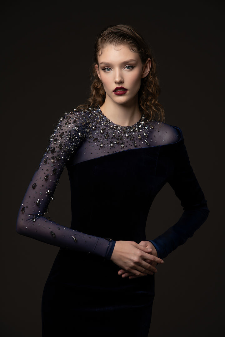 Velvet Column Dress with Jewel Neckline