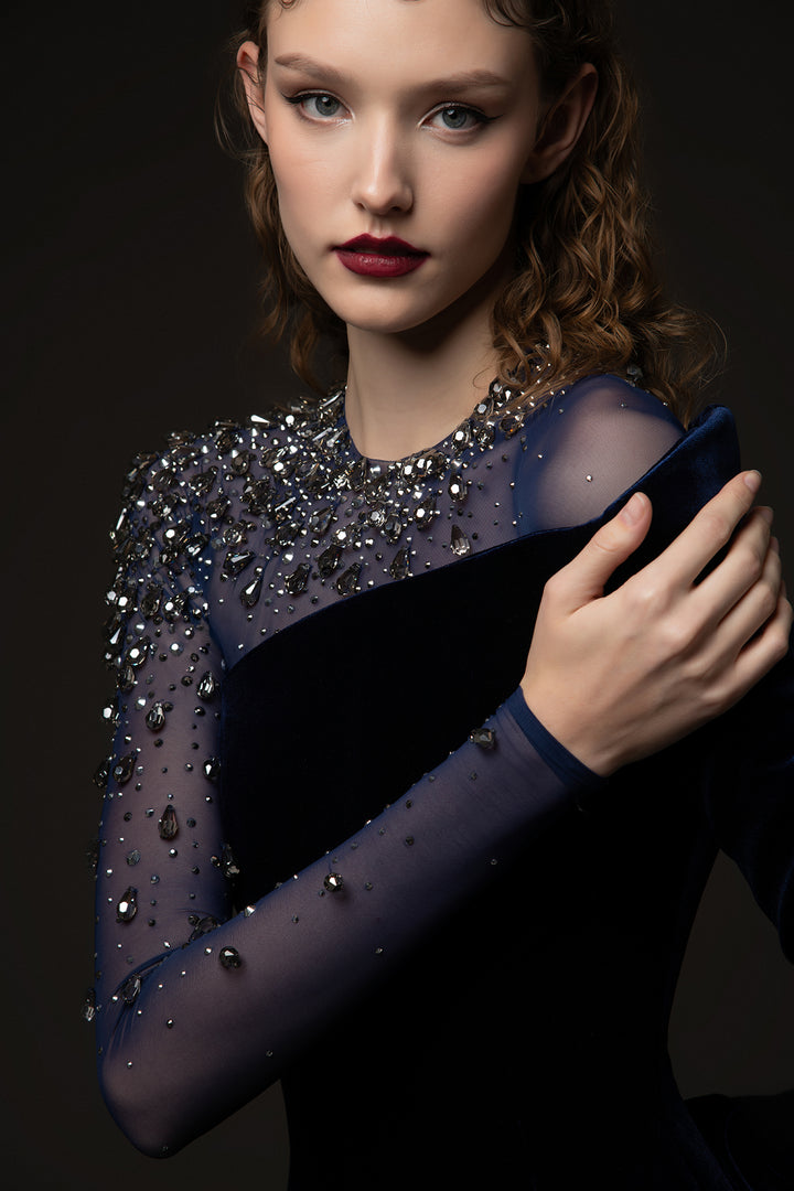 Velvet Column Dress with Jewel Neckline