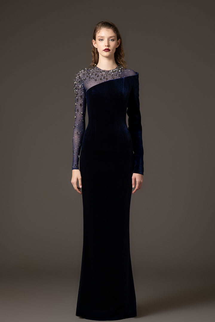 Velvet Column Dress with Jewel Neckline
