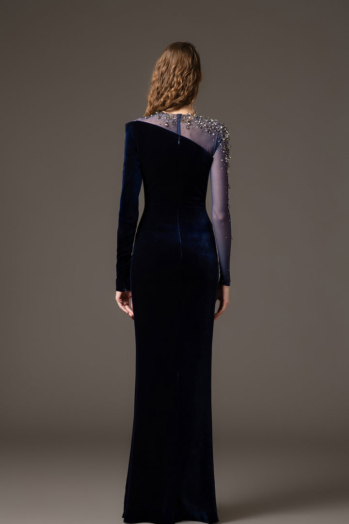 Velvet Column Dress with Jewel Neckline
