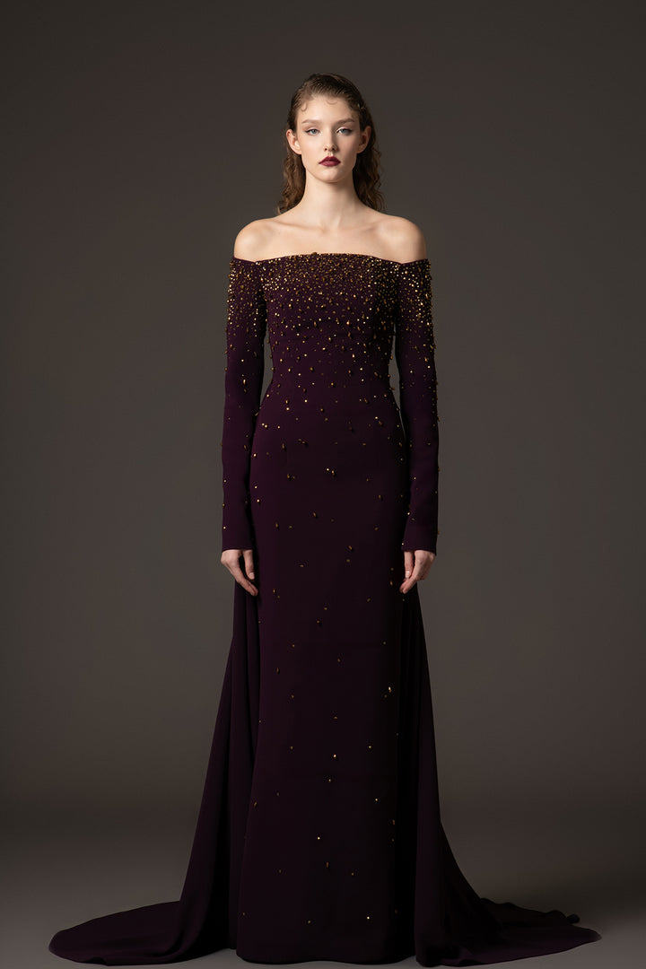 Crepe Column Dress with Off-The-Shoulder Neckline