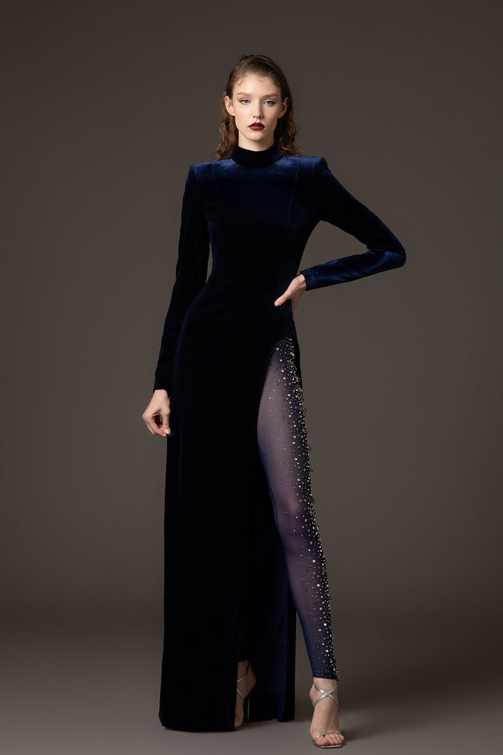 Velvet Column Dress with Closed Neckline