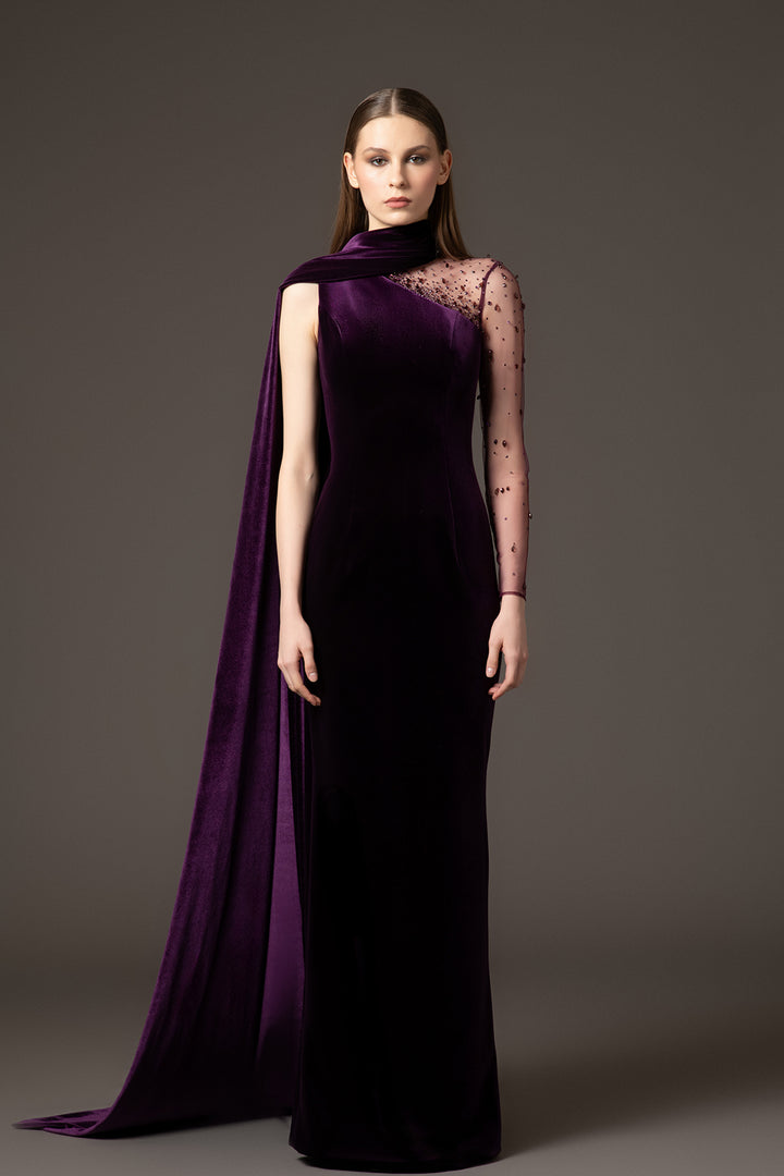 Velvet Column Dress with One Sleeve