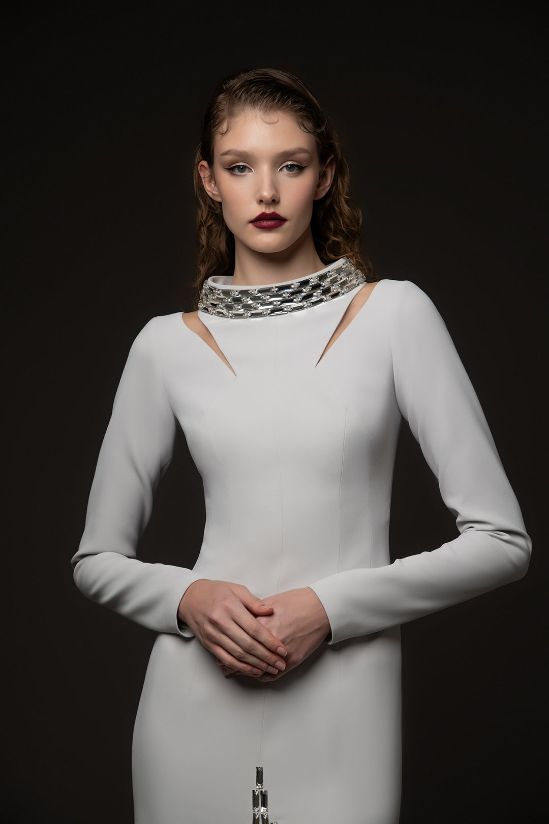 Crepe Column Dress with Fitted Sleeves