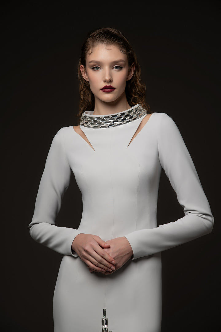 Crepe Column Dress with Fitted Sleeves