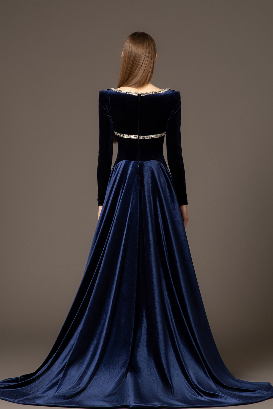 Velvet Blue Dress with Baguette Embroidery Featuring An Overskirt Blue / US 6 Velvet Blue Dress with Baguette Embroidery Featuring An Overskirt Blue / US 6