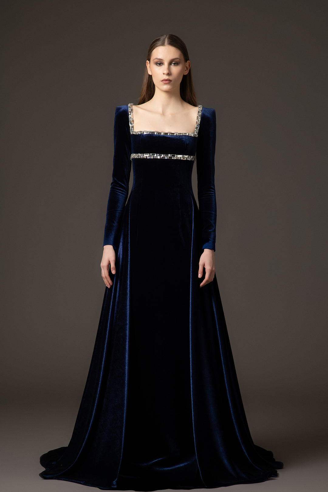 Velvet Blue dress with baguette embroidery featuring an overskirt Blue / US 6 Velvet Blue dress with baguette embroidery featuring an overskirt Blue / US 6